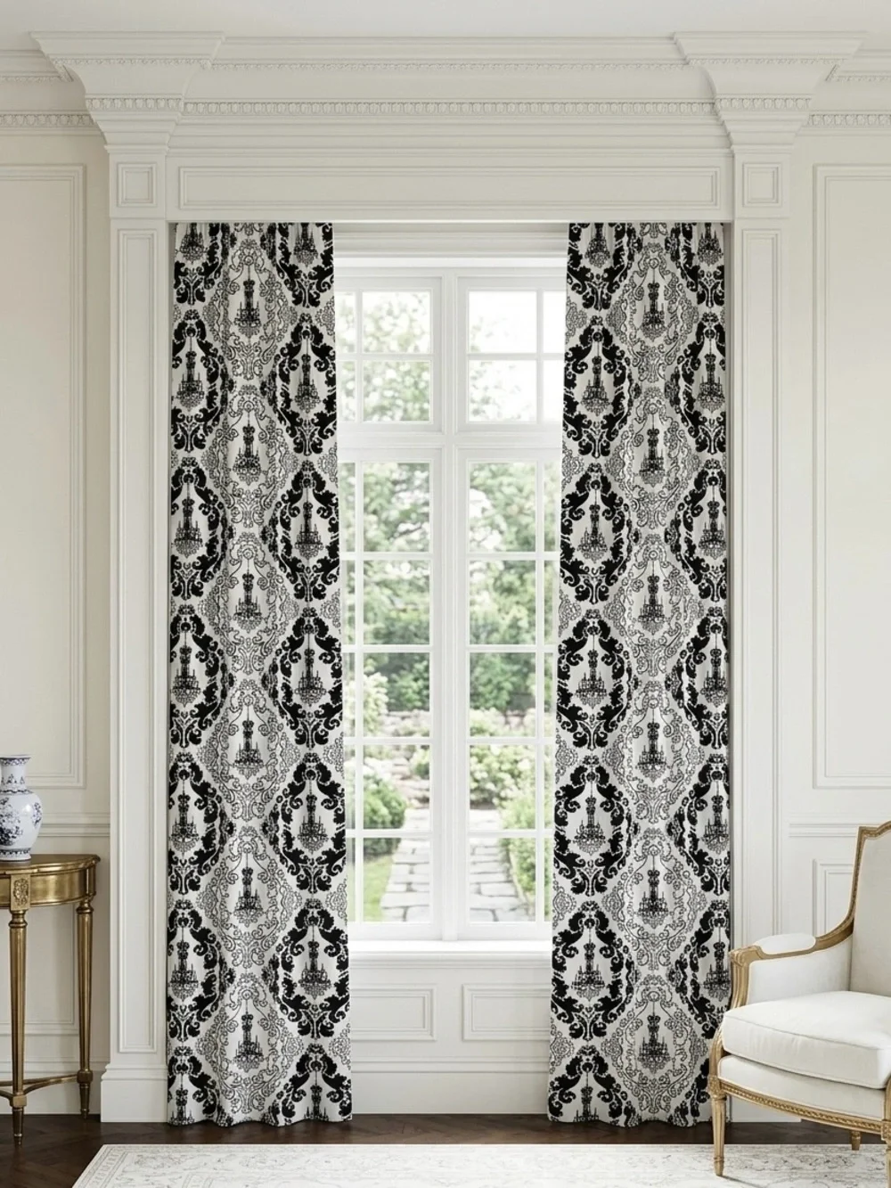 Black White Chandelier Damask Cotton Curtain Panels - Pair of 2